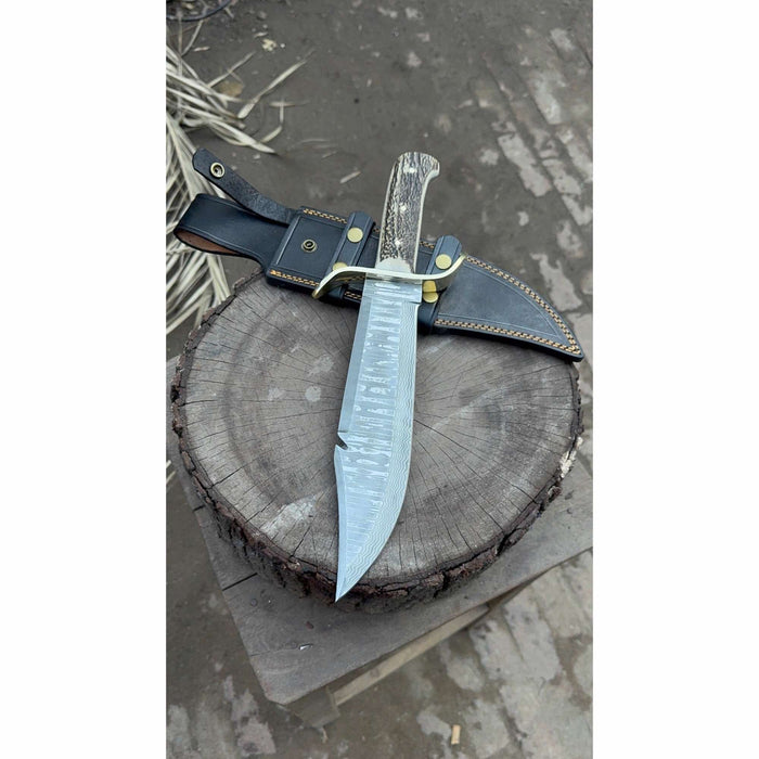 16-Inch Damascus Bowie Knife — 11-Inch Blade, Stag Handle, Brass S-Guard & Leather Belt Sheath