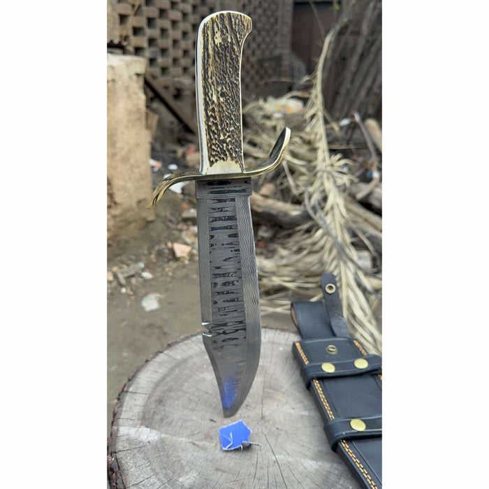 16-Inch Damascus Bowie Knife — 11-Inch Blade, Stag Handle, Brass S-Guard & Leather Belt Sheath