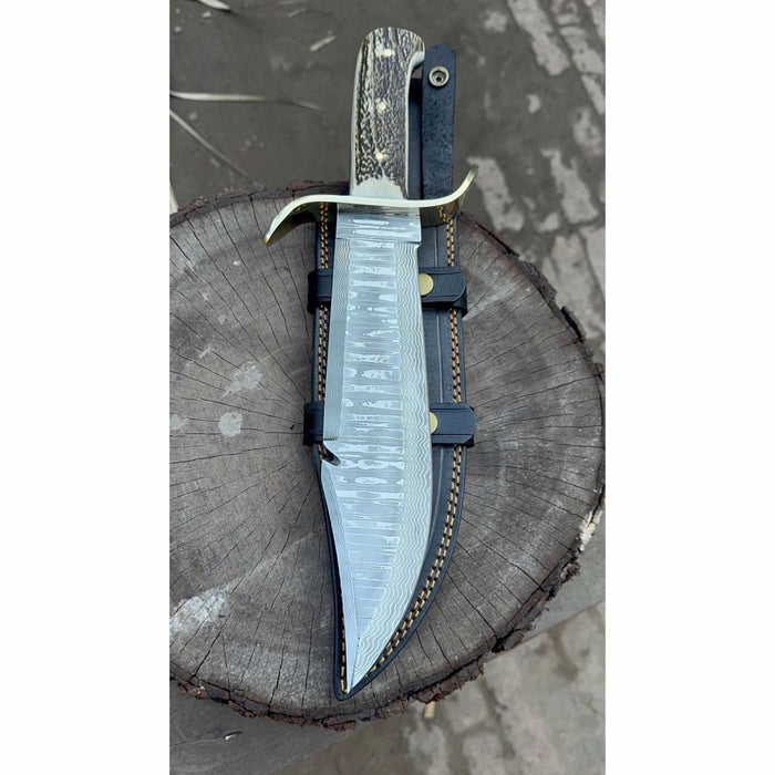 16-Inch Damascus Bowie Knife — 11-Inch Blade, Stag Handle, Brass S-Guard & Leather Belt Sheath