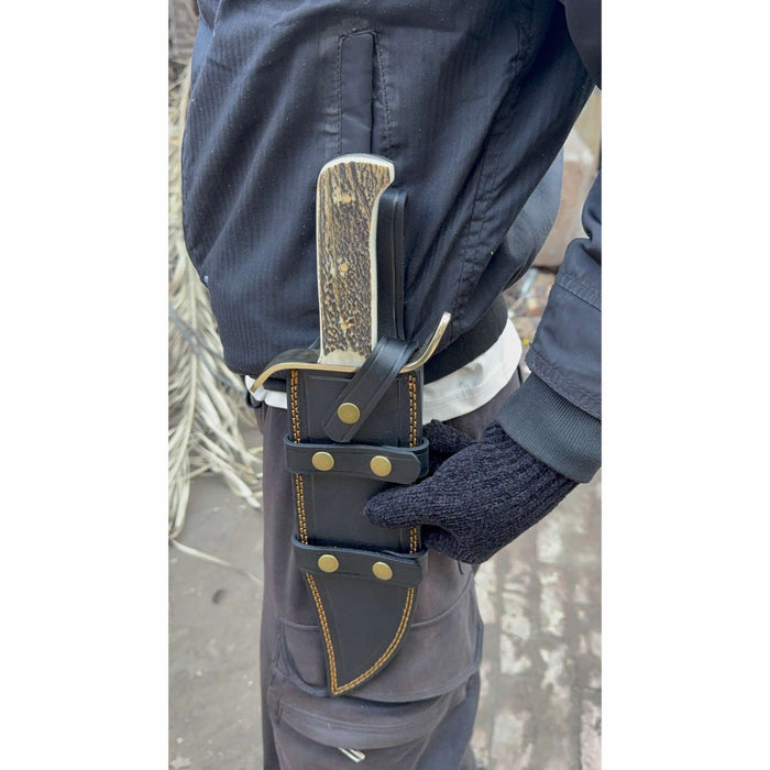 16-Inch Damascus Bowie Knife — 11-Inch Blade, Stag Handle, Brass S-Guard & Leather Belt Sheath