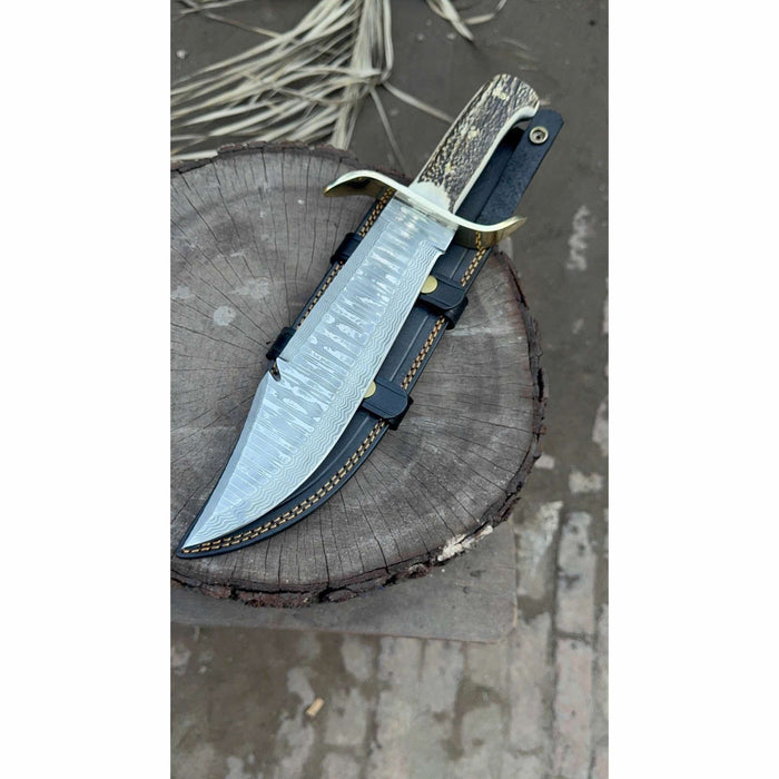 16-Inch Damascus Bowie Knife — 11-Inch Blade, Stag Handle, Brass S-Guard & Leather Belt Sheath