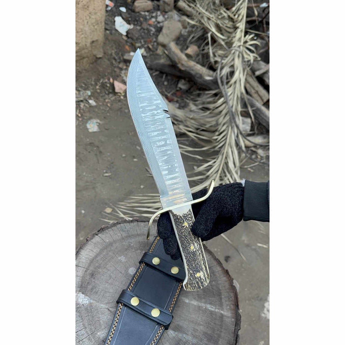 16-Inch Damascus Bowie Knife — 11-Inch Blade, Stag Handle, Brass S-Guard & Leather Belt Sheath