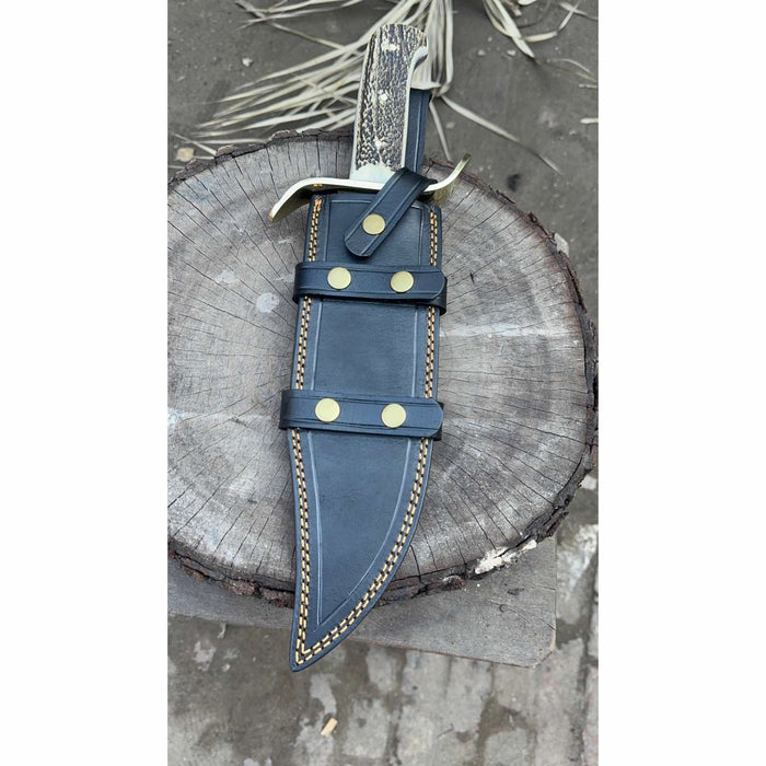 16-Inch Damascus Bowie Knife — 11-Inch Blade, Stag Handle, Brass S-Guard & Leather Belt Sheath
