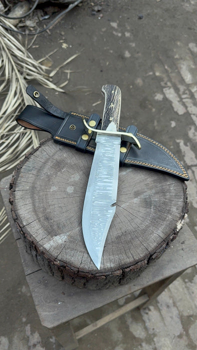 16-Inch Damascus Bowie Knife — 11-Inch Blade, Stag Handle, Brass S-Guard & Leather Belt Sheath