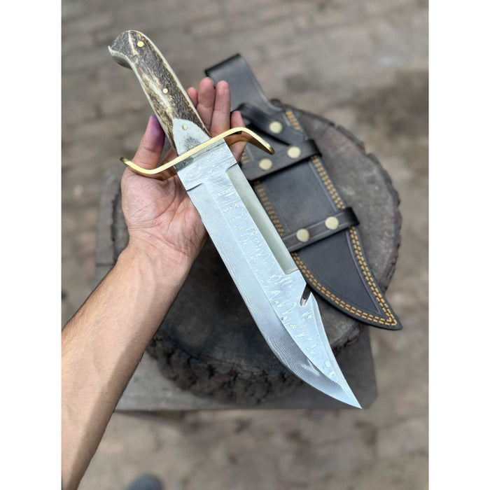 16-Inch Damascus Bowie Knife — 11-Inch Blade, Stag Handle, Brass S-Guard & Leather Belt Sheath
