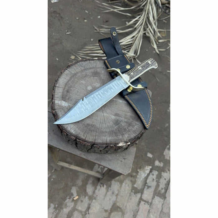16-Inch Damascus Bowie Knife — 11-Inch Blade, Stag Handle, Brass S-Guard & Leather Belt Sheath