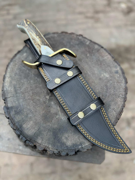 16-Inch Damascus Bowie Knife — 11-Inch Blade, Stag Handle, Brass S-Guard & Leather Belt Sheath