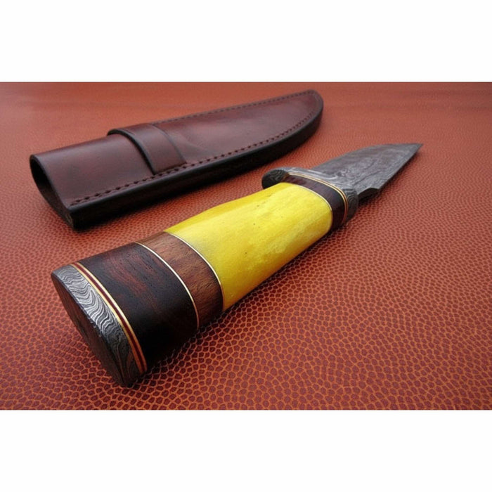 Frontier Clip Point Bowie Knife, Forged Damascus Steel with Colored Bone & Wood Spacer Handle