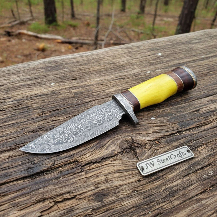 Frontier Clip Point Bowie Knife, Forged Damascus Steel with Colored Bone & Wood Spacer Handle