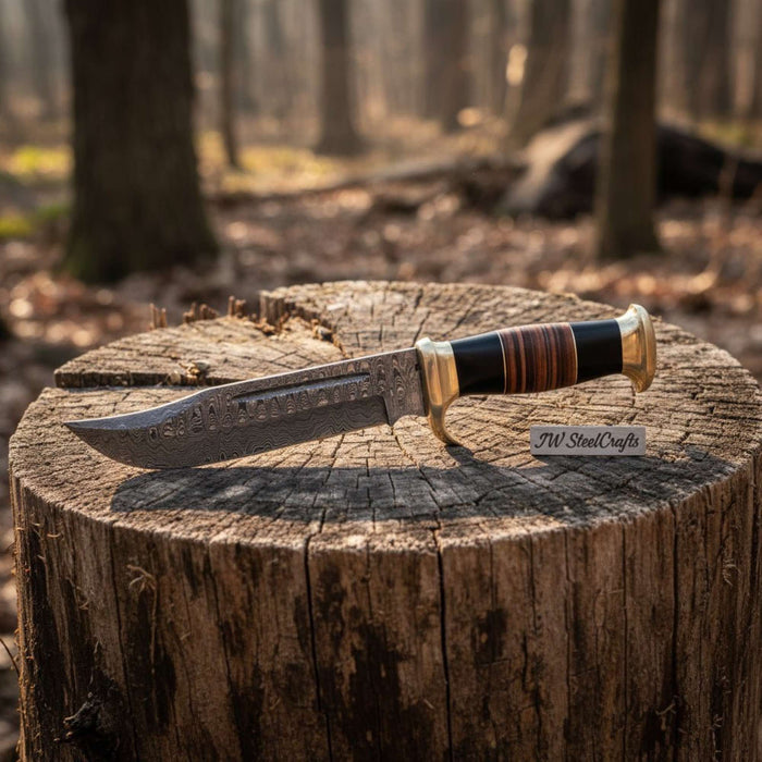 Hand Forged Damascus Steel Clip Point Bowie Knife with Stacked Wood Handle