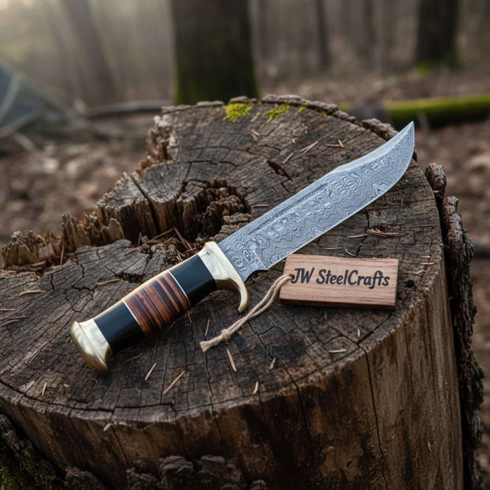Hand Forged Damascus Steel Clip Point Bowie Knife with Stacked Wood Handle