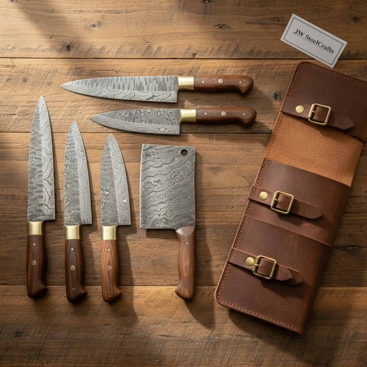 Full-Tang 6-Piece Damascus Kitchen Knife Set — Natural Rosewood Handle ...