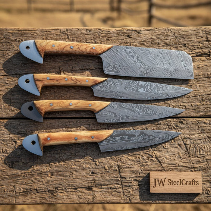 JW SteelCrafts 4-Piece Damascus Kitchen Knife Set — Cleaver, Gyuto, Utility & Paring Knife with Olive Wood Handles