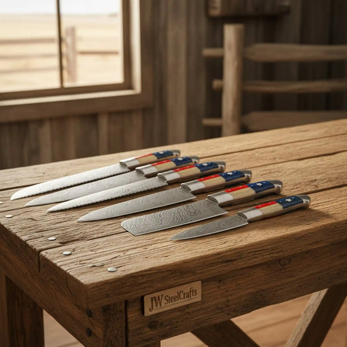6-Piece Texas Flag Damascus Steak & Utility Knife Set — Pakka Wood & Bone Handles