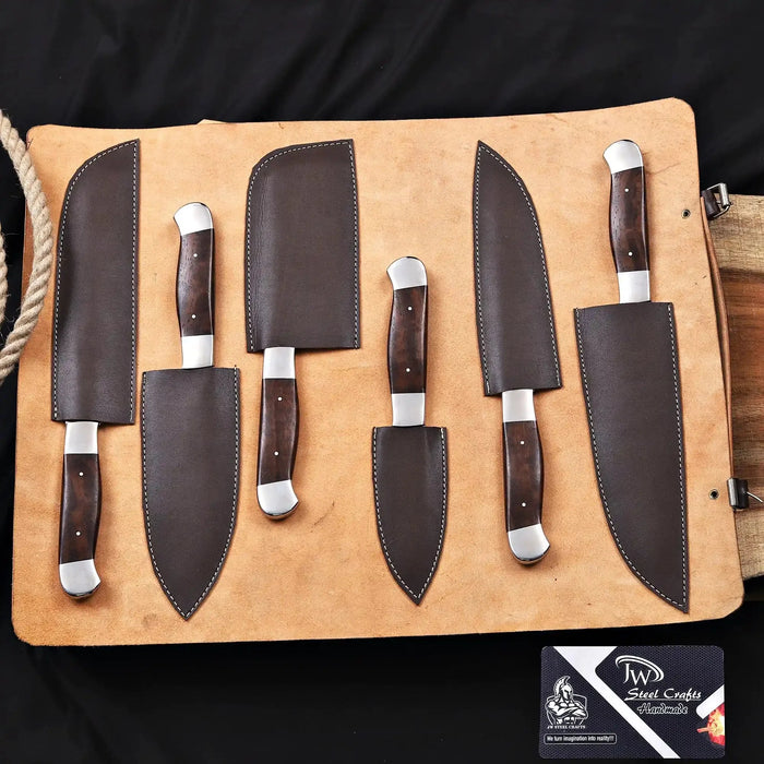 Handmade 6 Piece Chef Knife Set with Leather Roll – Full Tang Kitchen Knives Set with Cleaver, Chef, Santoku, Utility & Paring