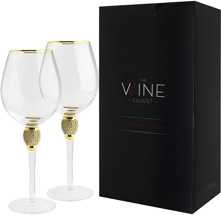 The Wine Savant Large Diamond Wine Glasses, Gold Rim Rhinestone Diamond Glasses - Wedding Glasses - 15 Ounce, Premium Designed Wine Glasses for Spirits and Wine, Gift Boxed (2, Clear)