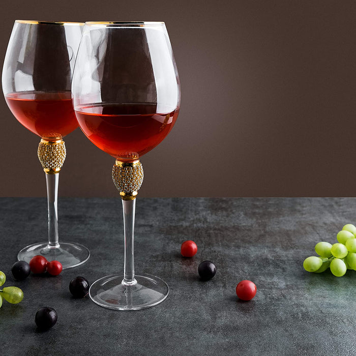 The Wine Savant Large Diamond Wine Glasses, Gold Rim Rhinestone Diamond Glasses - Wedding Glasses - 15 Ounce, Premium Designed Wine Glasses for Spirits and Wine, Gift Boxed (2, Clear)