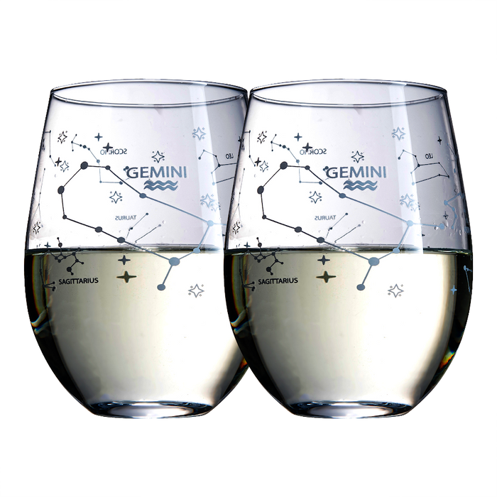 Set of 2 Zodiac Sign Wine Glasses with 2 Wooden Coasters by The Wine Savant - Astrology Drinking Glass Set with Etched Constellation Tumblers for Juice, Water Home Bar Horoscope Gifts 18oz (Gemini)