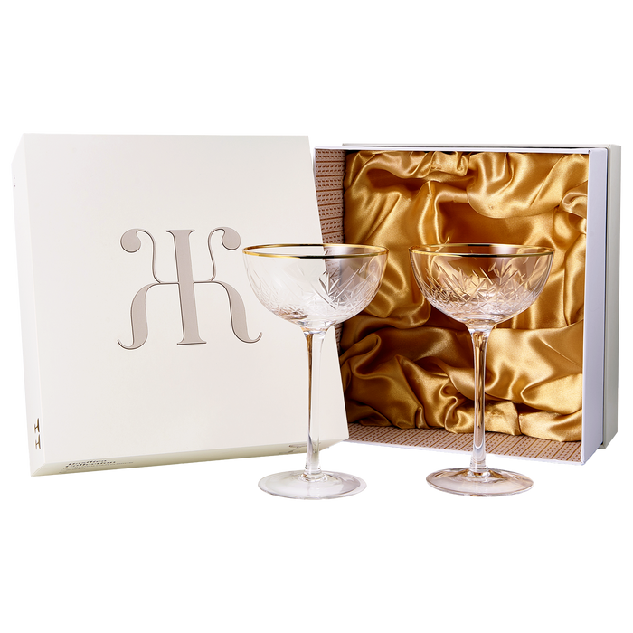 Vintage Art Deco Luxury Coupe Glasses, Cocktails, Martini, Margarita, In Premium Gift Box 24K Gold Rim | Set of 2 | 8 oz Classic Cocktail Glassware - Champagne, Manhattan, Cosmopolitan Crystal Goble