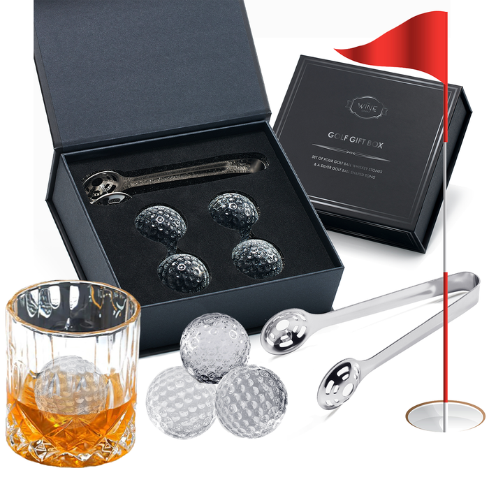 Golf Ball Whiskey Coolers - Pack of 5 - Men's Gift Set; Golfer's Whiskey Chill Stones, Reusable Cooling Balls; Includes 4 Chilling Stones - Ideal Golf-Themed Gift for Men + Metallic Tongs & Gift Box