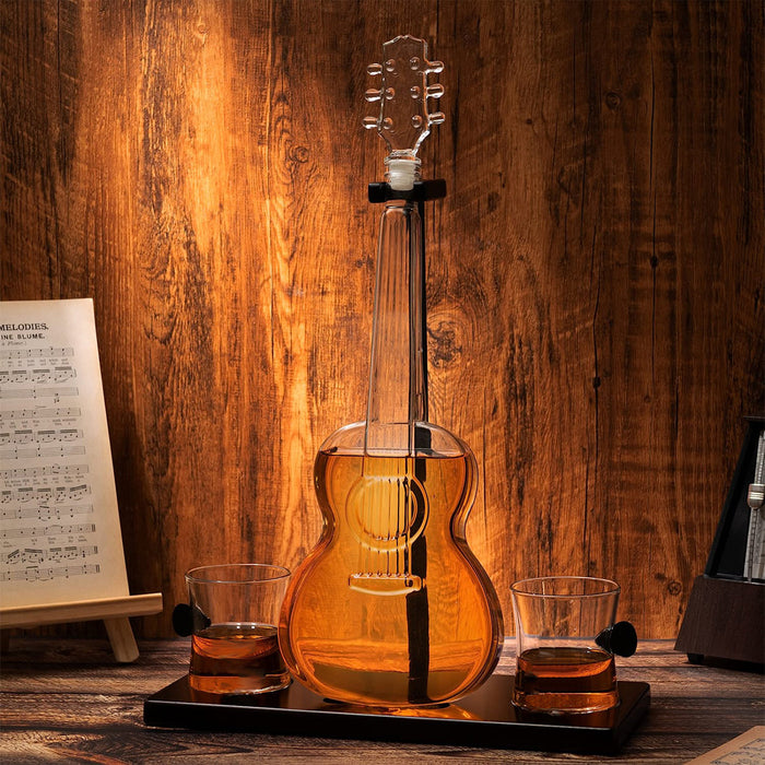 Guitar Whiskey & Wine Decanter & Mahogany Base - The Wine Savant 1000 ML Glass Decanter with 2 10oz Glasses 14" For Whiskey Music Lover & Guitar Player Gifts Musician Music Lovers