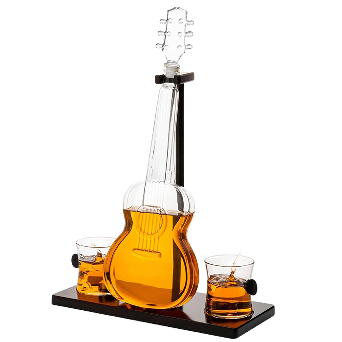 Guitar Whiskey & Wine Decanter & Mahogany Base - The Wine Savant 1000 ML Glass Decanter with 2 10oz Glasses 14" For Whiskey Music Lover & Guitar Player Gifts Musician Music Lovers