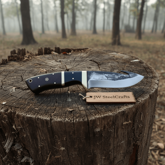 Gut hook knife with wood and brass handle.