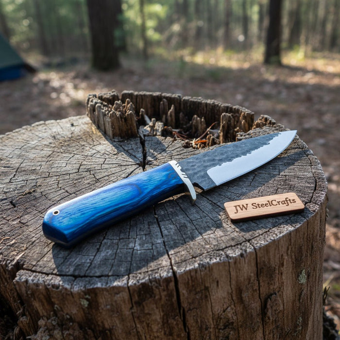 Hammered Drop Point Hunting Knife Blue Pakka wood Handle Fixed Blade
