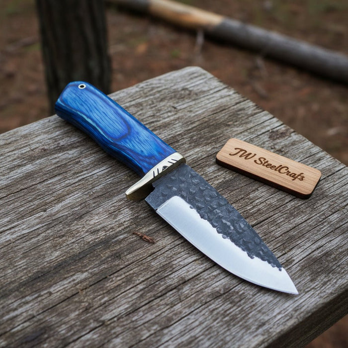 Hammered Drop Point Hunting Knife Blue Pakka wood Handle Fixed Blade