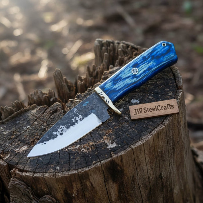 Hammered Drop Point Hunting Knife Blue Pakka wood Handle Fixed Blade