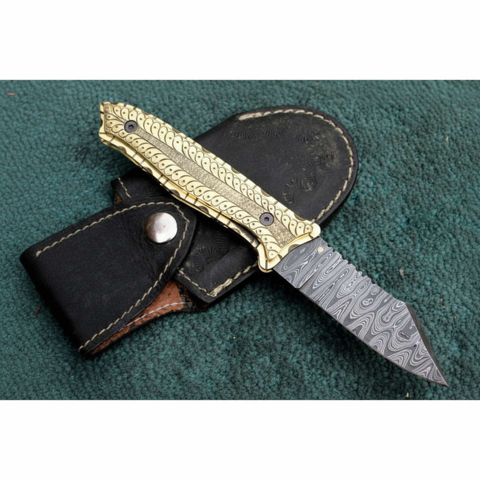 Hand-Engraved Damascus Folding Knife with Brass Handle & Leather Sheath