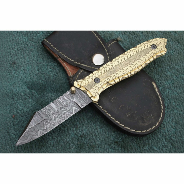 Hand-Engraved Damascus Folding Knife with Brass Handle & Leather Sheath