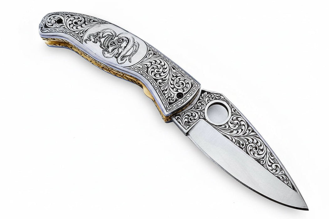 Hand Engraved Damascus Folding Knife with Skull Design & Brass Liners – Collector Pocket Knife