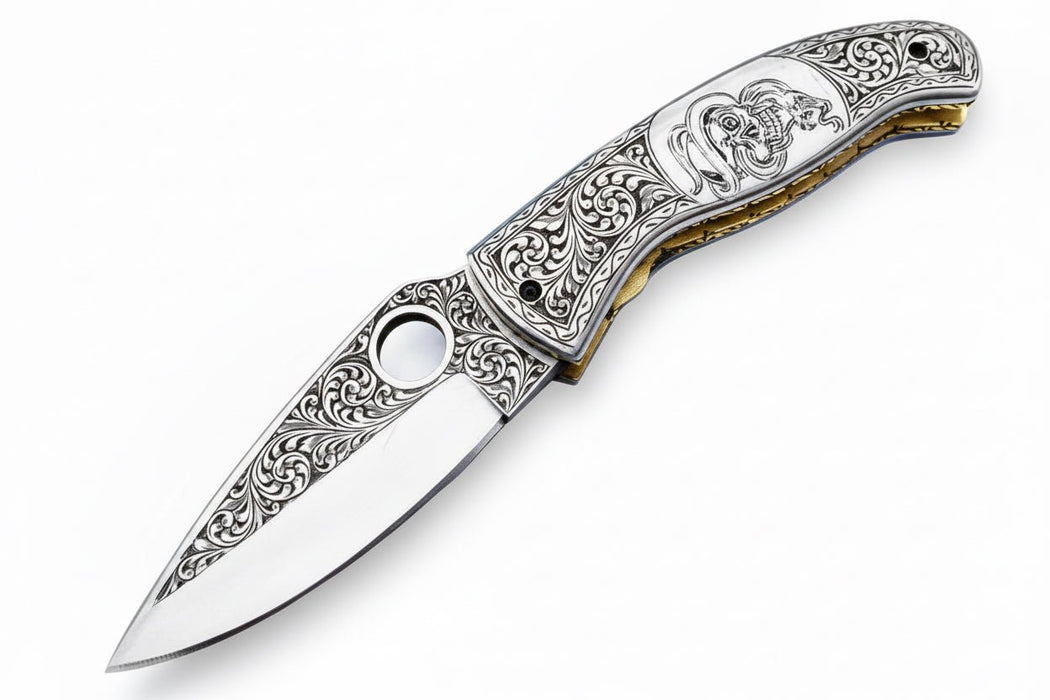 Hand Engraved Damascus Folding Knife with Skull Design & Brass Liners – Collector Pocket Knife