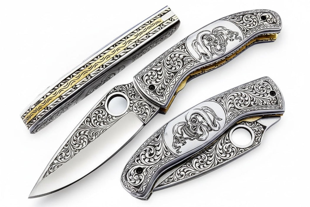 Hand Engraved Damascus Folding Knife with Skull Design & Brass Liners – Collector Pocket Knife