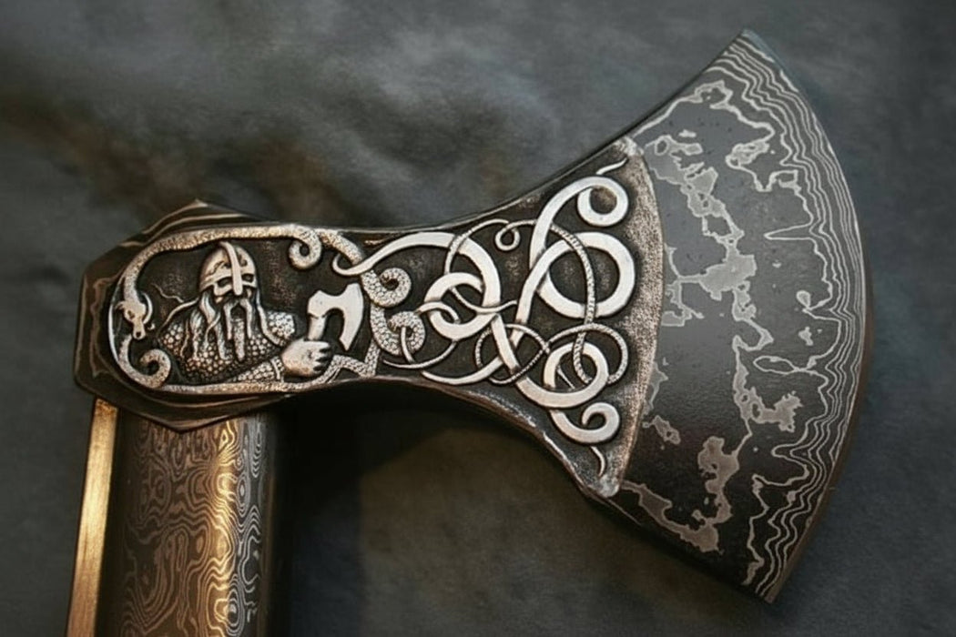 Hand Engraved Damascus Viking Axe with Carved Hardwood Handle and Matching Damascus Knife | Norse Collector Axe Set | JW SteelCrafts