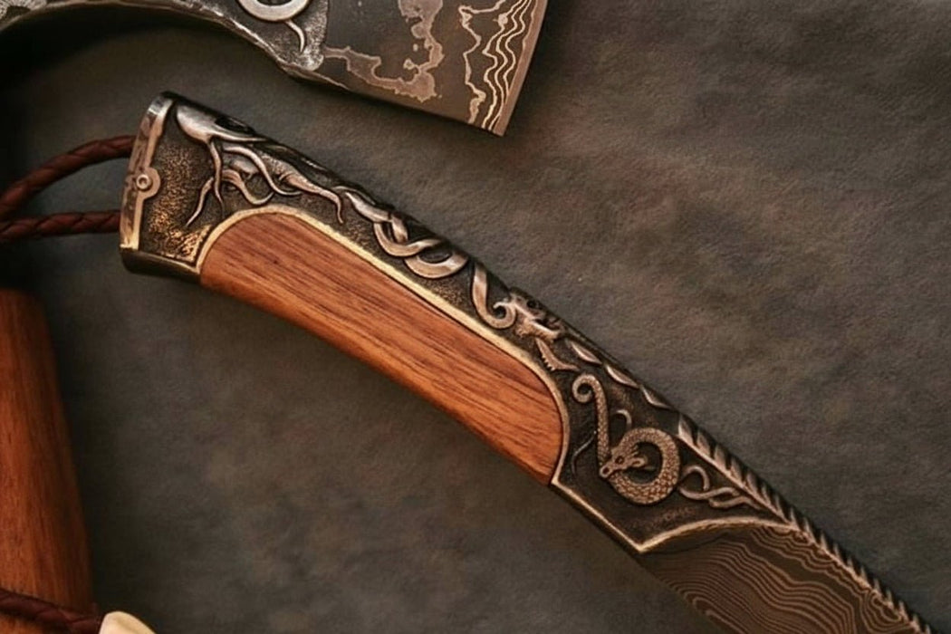 Hand Engraved Damascus Viking Axe with Carved Hardwood Handle and Matching Damascus Knife | Norse Collector Axe Set | JW SteelCrafts