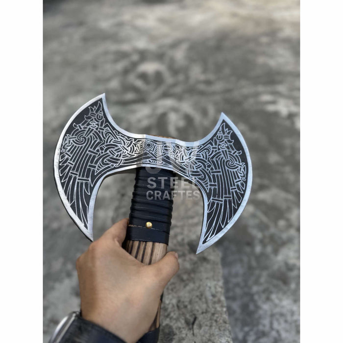 Hand Engraved Double Headed Viking Axe with Nordic Knotwork and Leather Wrapped Handle