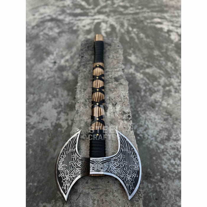 Hand Engraved Double Headed Viking Axe with Nordic Knotwork and Leather Wrapped Handle