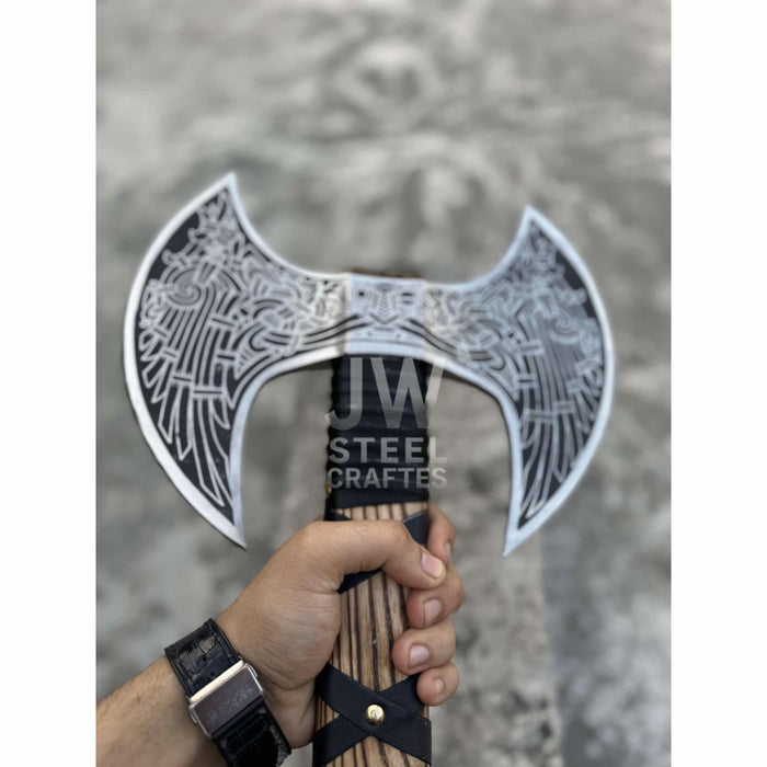 Hand Engraved Double Headed Viking Axe with Nordic Knotwork and Leather Wrapped Handle