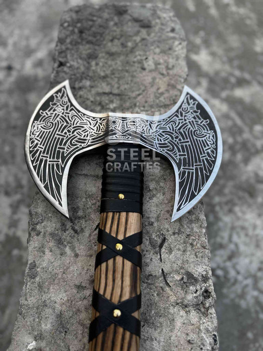Hand Engraved Double Headed Viking Axe with Nordic Knotwork and Leather Wrapped Handle
