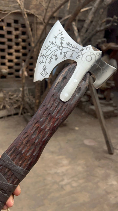Handmade Viking Double-Bit Carbon Steel Axe with Norse Rune Etching and Engraved Hardwood Handle