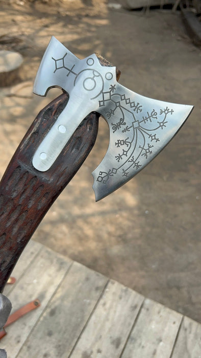 Handmade Viking Double-Bit Carbon Steel Axe with Norse Rune Etching and Engraved Hardwood Handle