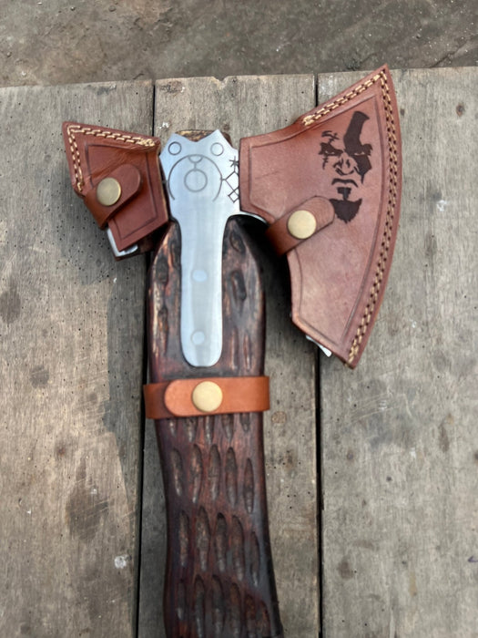 Handmade Viking Double-Bit Carbon Steel Axe with Norse Rune Etching and Engraved Hardwood Handle