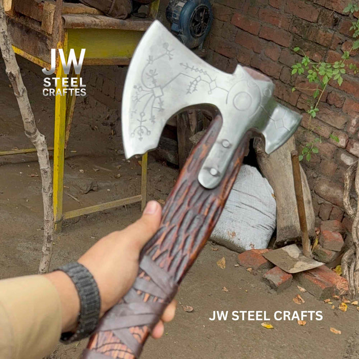 Handmade Viking Double-Bit Carbon Steel Axe with Norse Rune Etching and Engraved Hardwood Handle