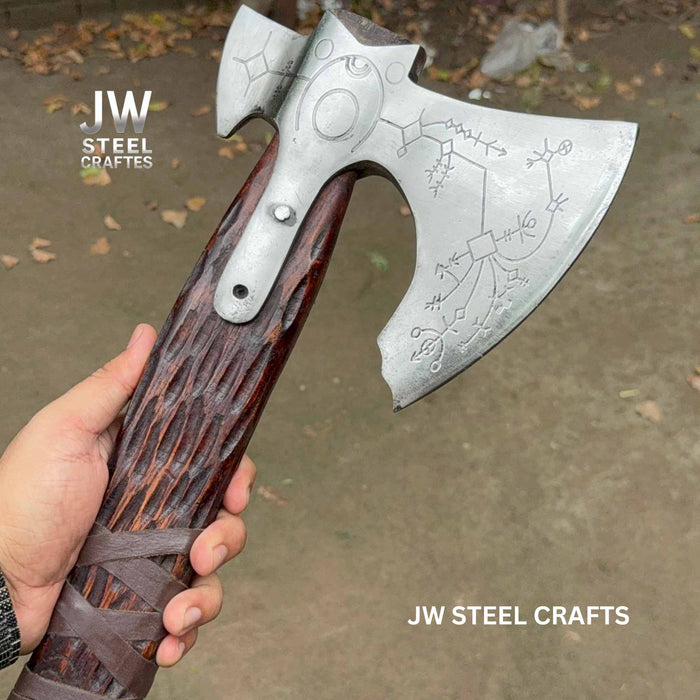 Handmade Viking Double-Bit Carbon Steel Axe with Norse Rune Etching and Engraved Hardwood Handle