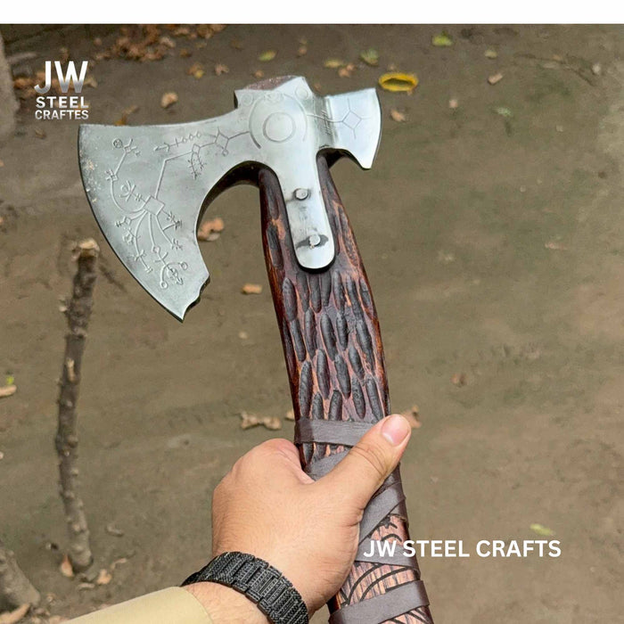 Handmade Viking Double-Bit Carbon Steel Axe with Norse Rune Etching and Engraved Hardwood Handle