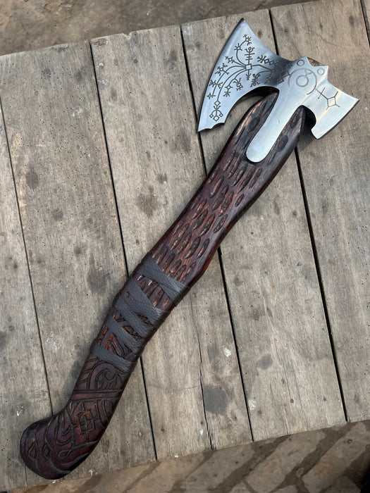 Handmade Viking Double-Bit Carbon Steel Axe with Norse Rune Etching and Engraved Hardwood Handle