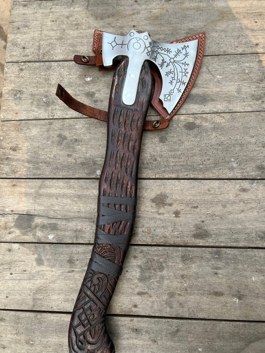 Handmade Viking Double-Bit Carbon Steel Axe with Norse Rune Etching and Engraved Hardwood Handle