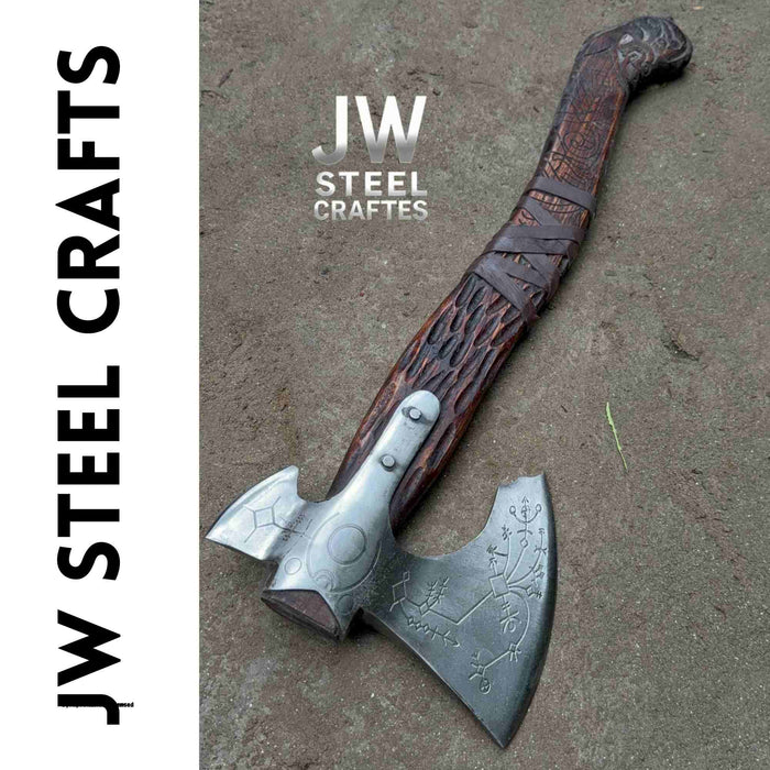 Handmade Viking Double-Bit Carbon Steel Axe with Norse Rune Etching and Engraved Hardwood Handle